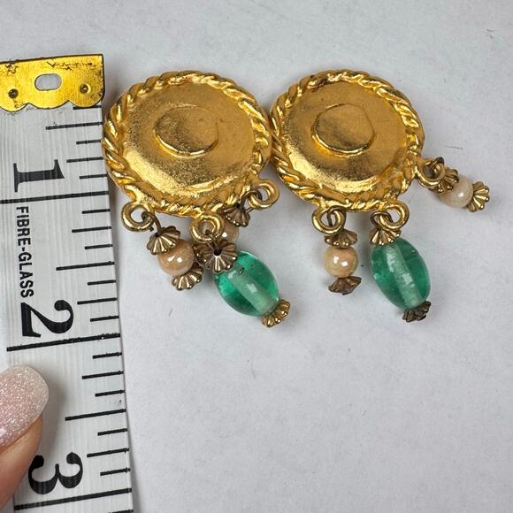 VTG Clip On Earrings Gold Tone Large Stud Glass Beads Dangle Funky 80s Art - Picture 2 of 5